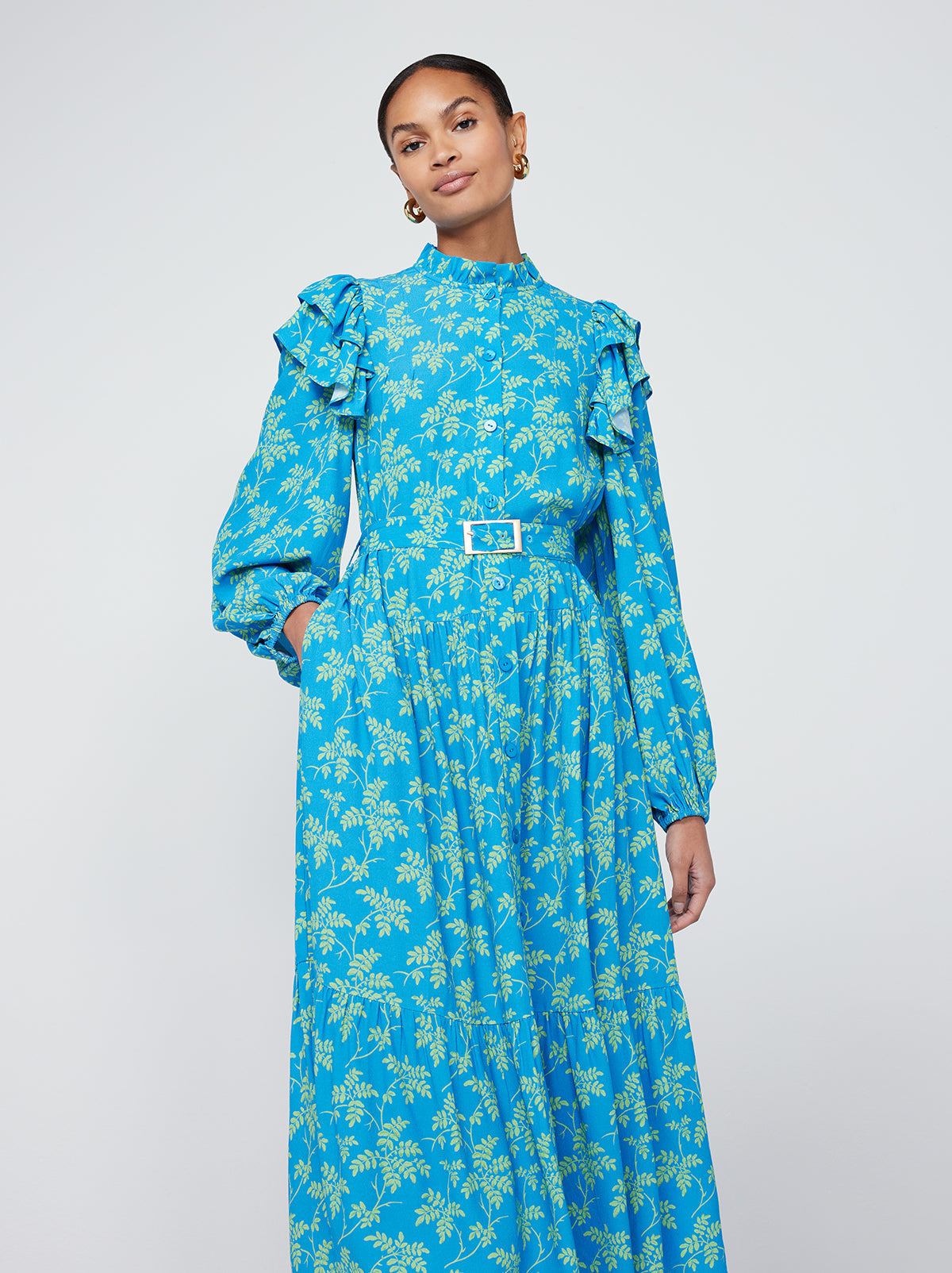 Aster Blue Vintage Leaf Print Shirt Dress By KITRI Studio