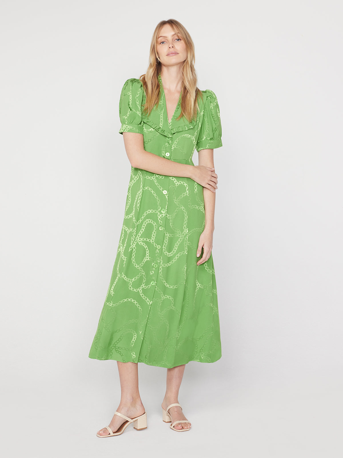 Bethany Green Chain Jacquard Tea Dress By KITRI Studio