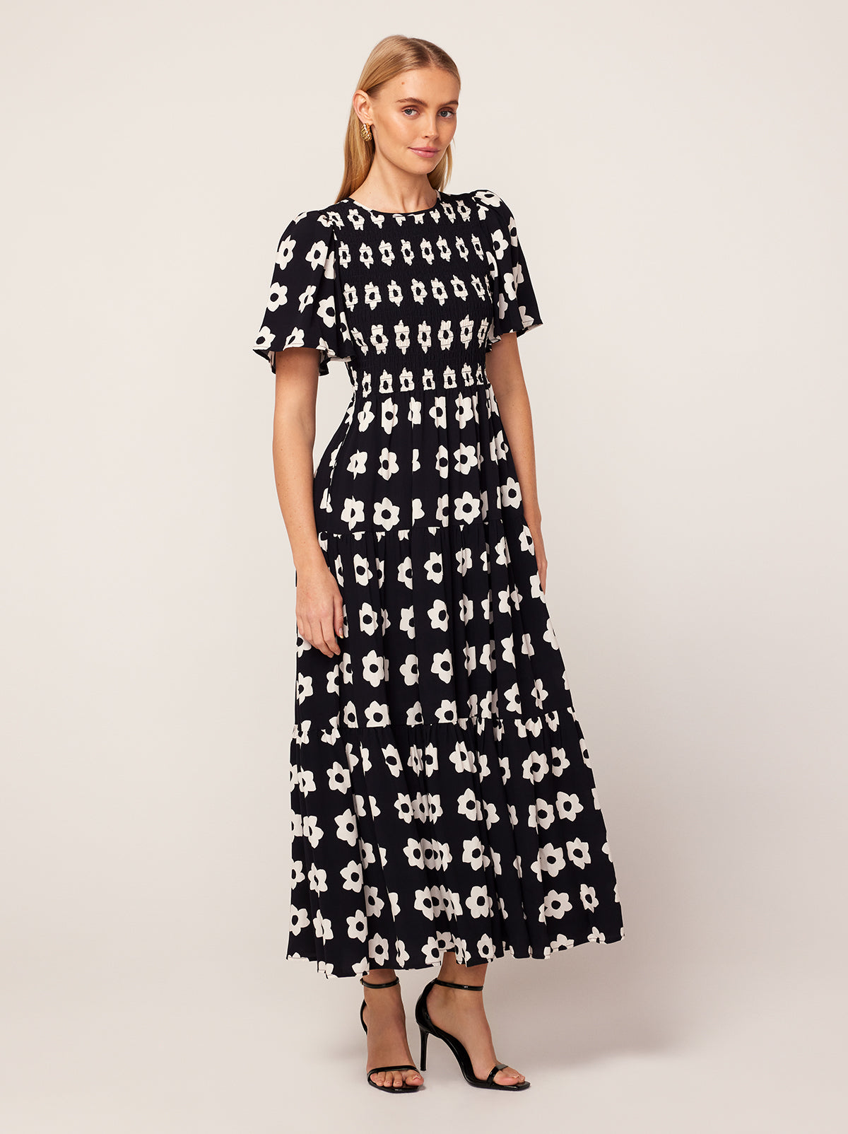 Bridget Black Tiled Floral Shirred Maxi Dress By KITRI Studio