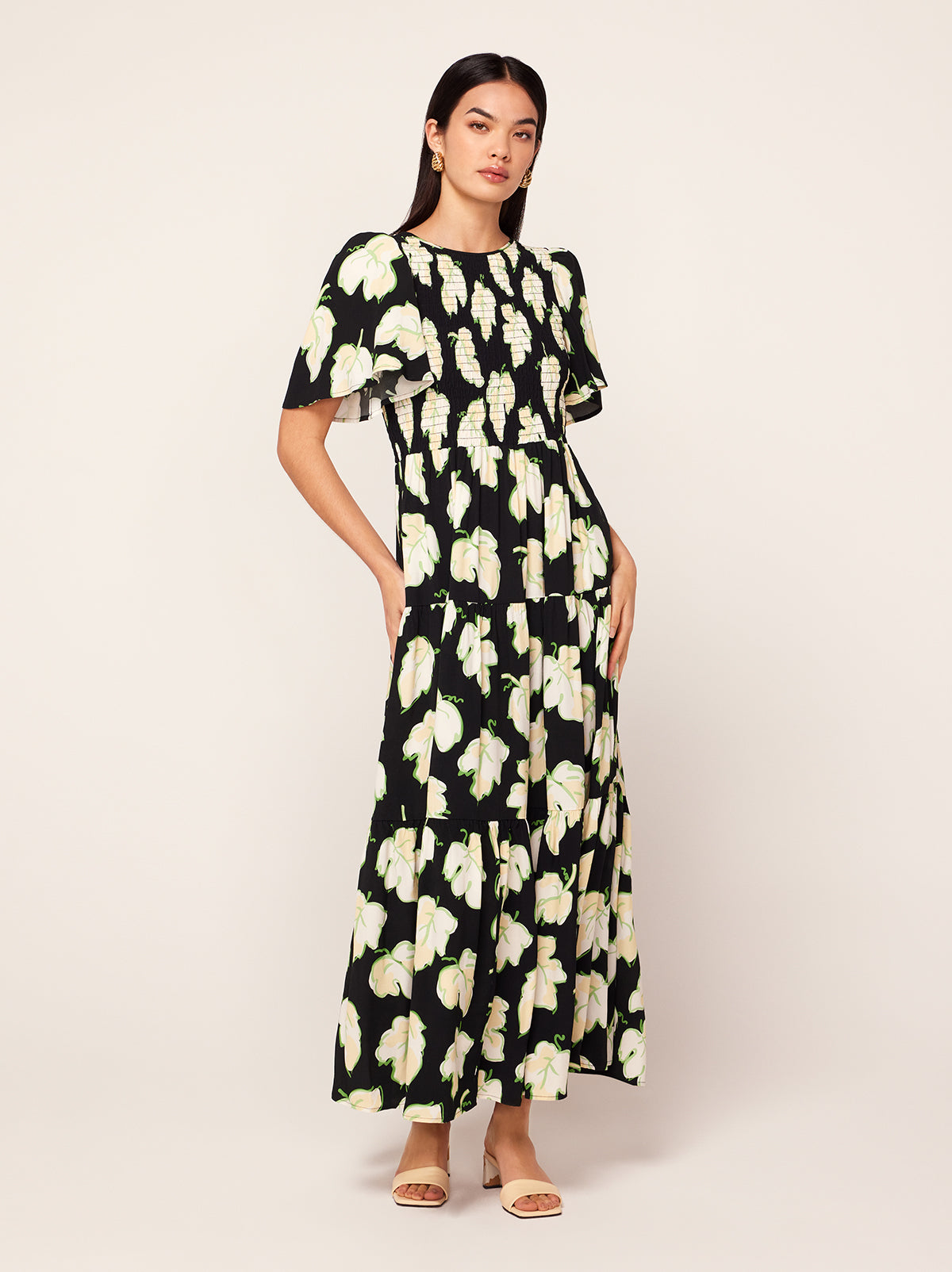 Bridget Black Vine Leaf Shirred Maxi Dress By KITRI Studio