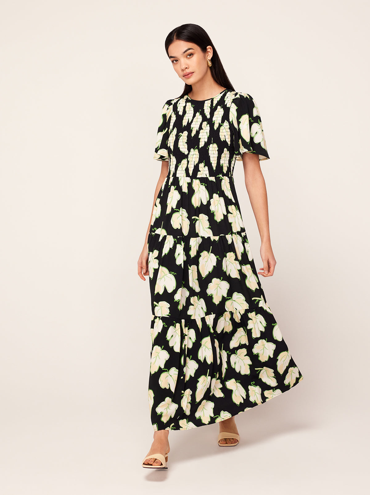 Bridget Black Vine Leaf Shirred Maxi Dress By KITRI Studio