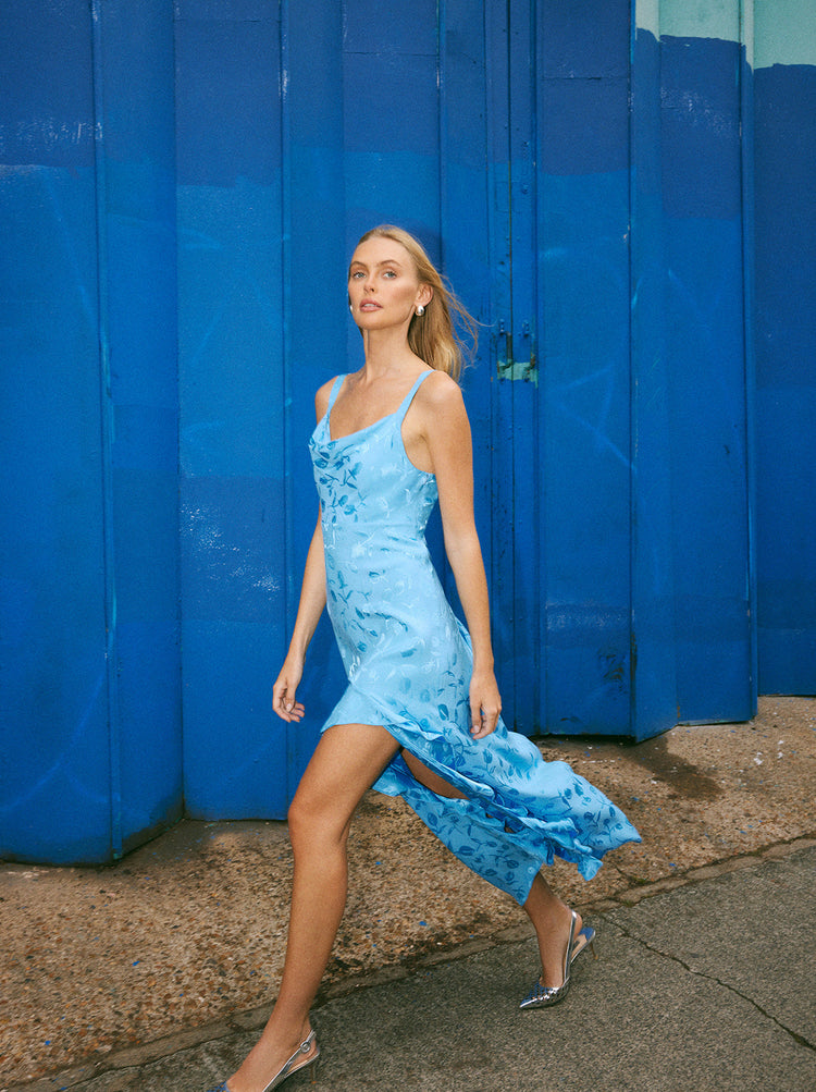 Carissa Sky Blue Tulip Jacquard Maxi Dress By KITRI Studio