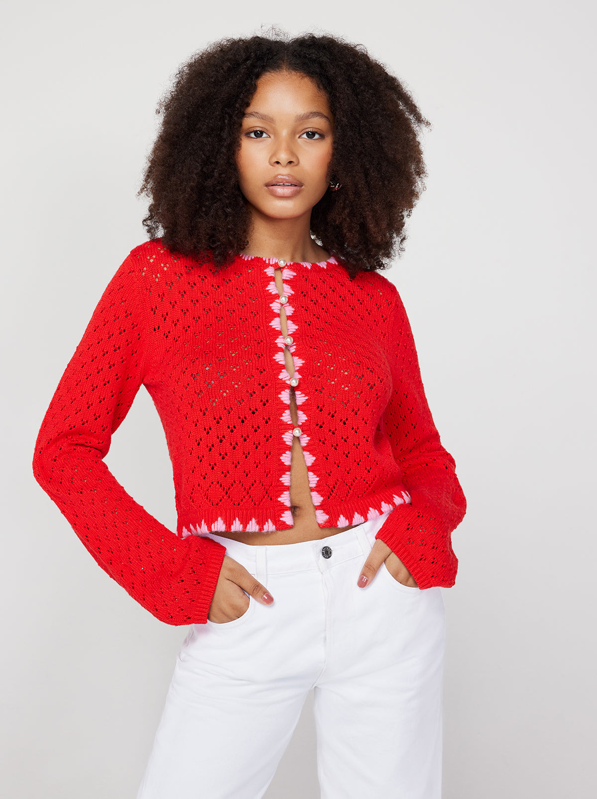Carmel Red Pointelle Knit Cardigan By KITRI Studio
