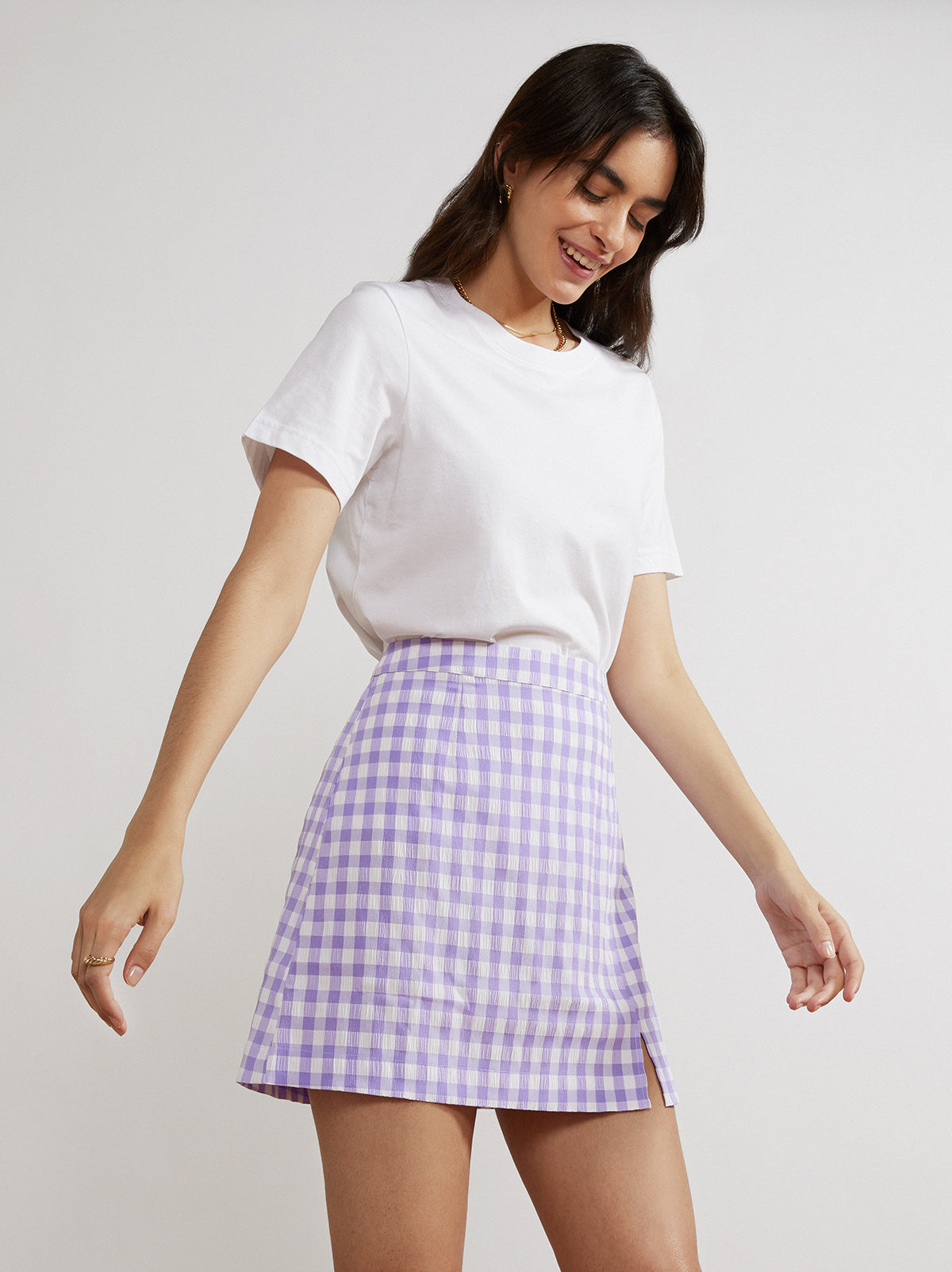 Colette Lilac Check Seersucker Mini Skirt By KITRI Studio