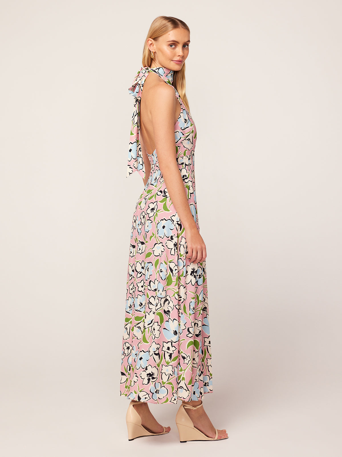 Dakota Pink Floral Print Halterneck Maxi Dress By KITRI Studio