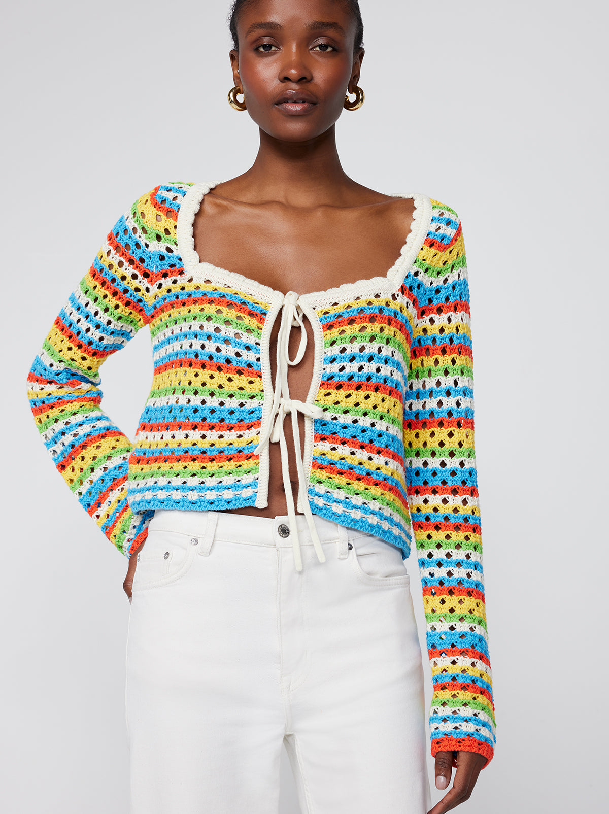 Dionne Blue Stripe Crochet Knit Cardigan By KITRI Studio