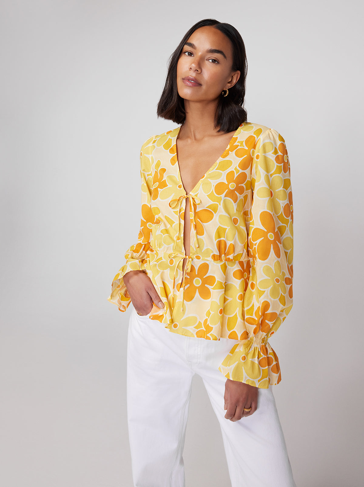 Etta Yellow Floral Print Tie Front Top By KITRI Studio