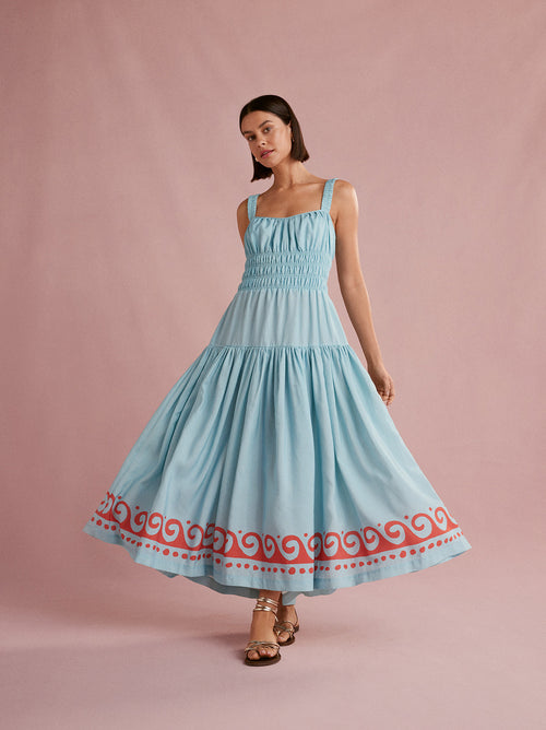 Isobel Blue Wave Print Midi Dress By KITRI Studio