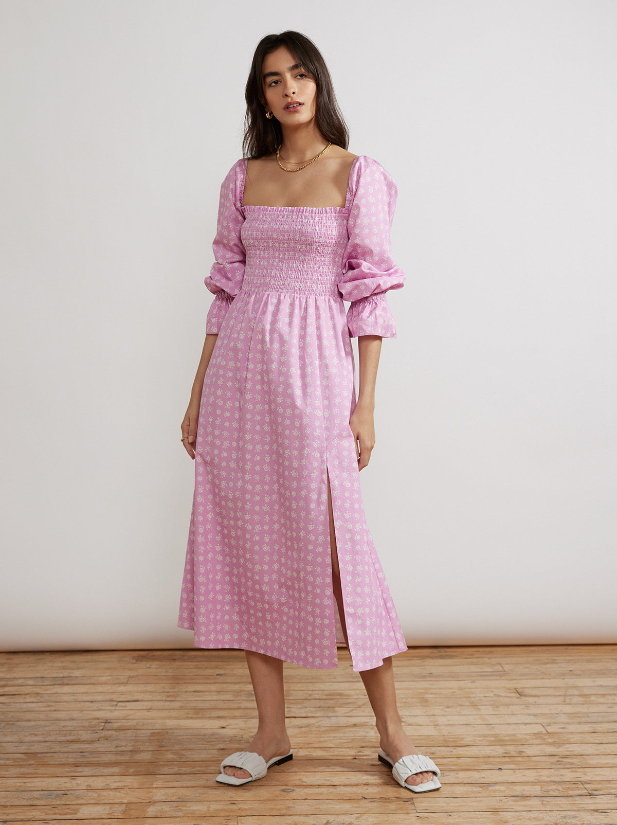 Jolene Pink Floral Shirred Cotton Dress By KITRI Studio