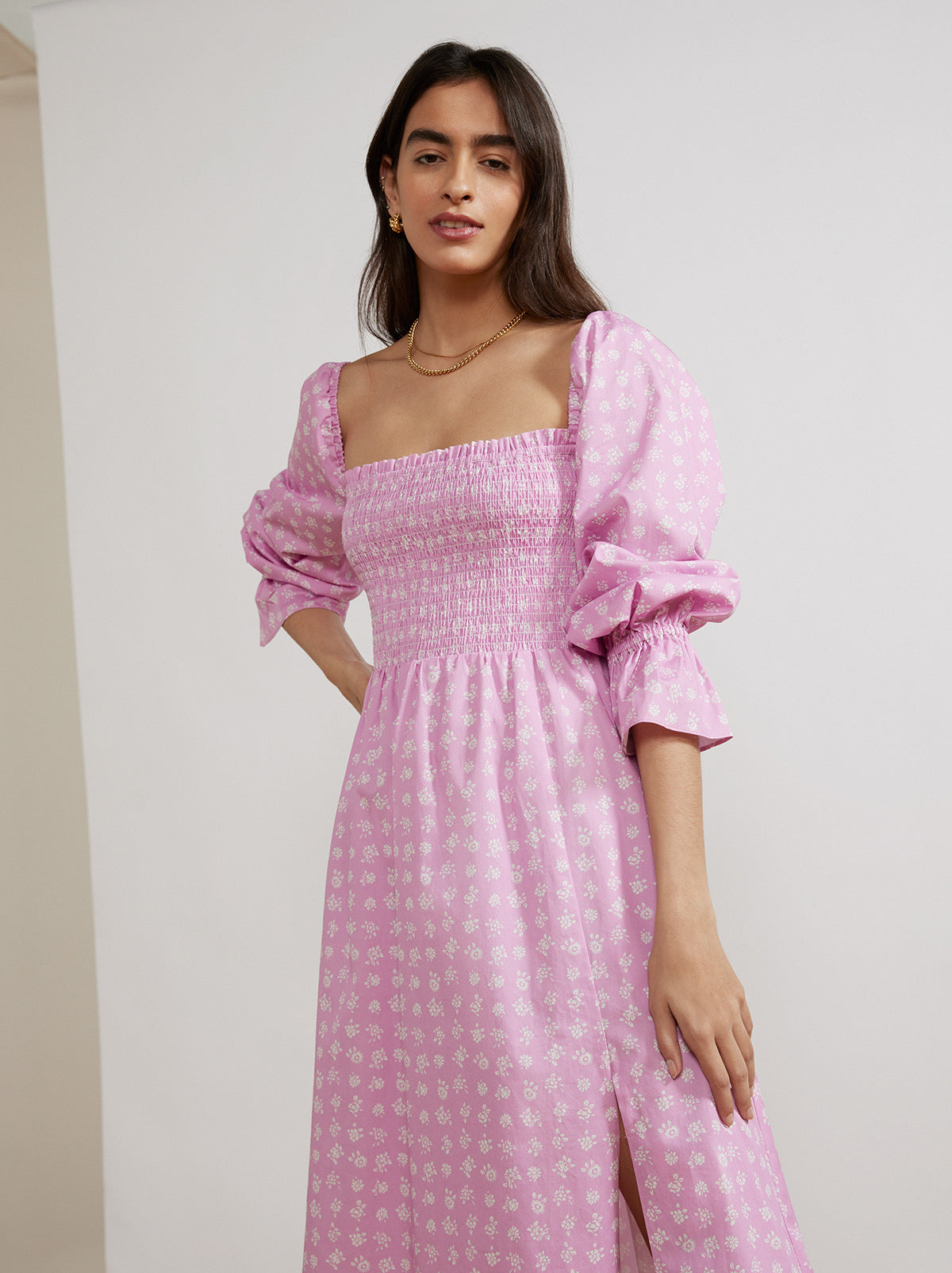 Jolene Pink Floral Shirred Cotton Dress By KITRI Studio