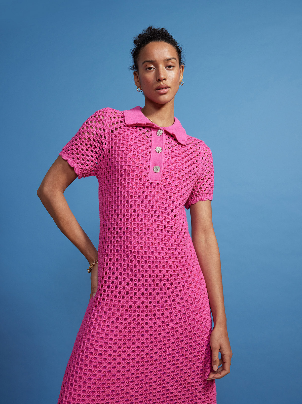 Lillia Pink Crochet Polo Dress By KITRI Studio