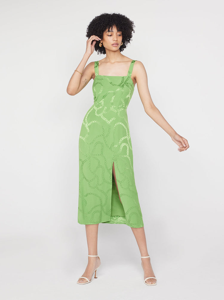 Mara Green Chain Jacquard Midi Dress By KITRI Studio