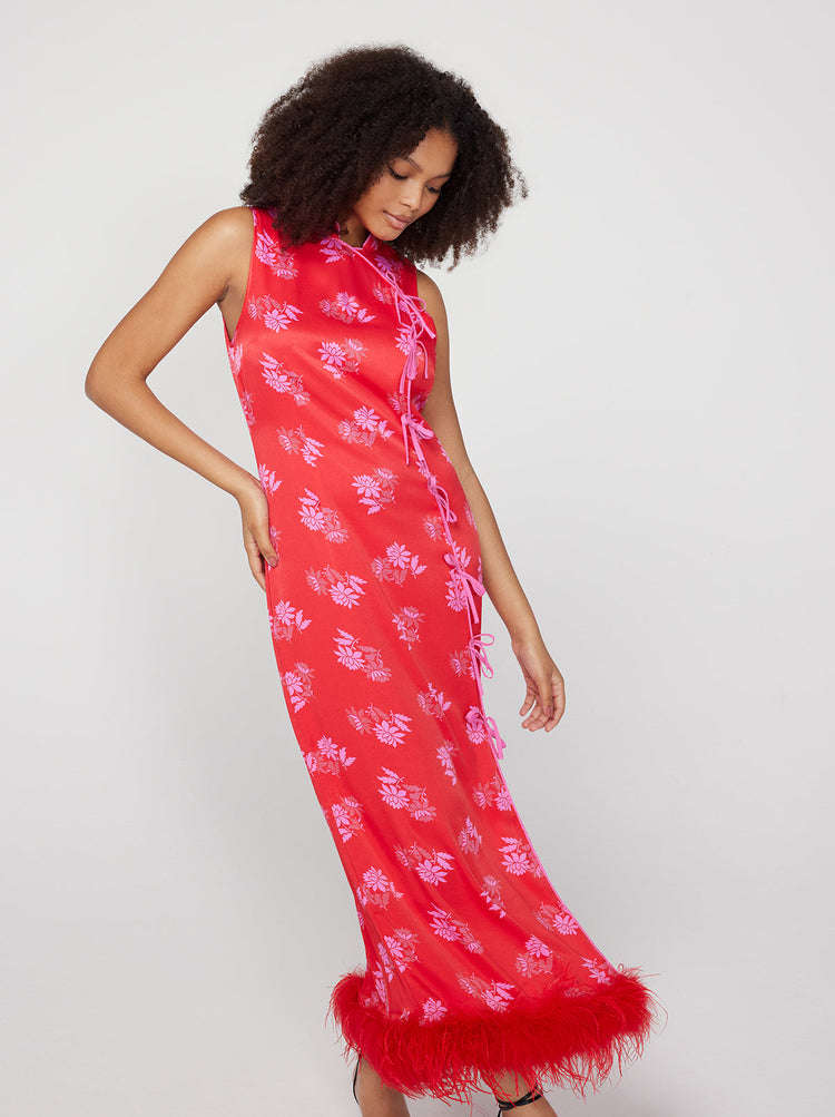 Myla Red Floral Feather Midi Dress By KITRI Studio