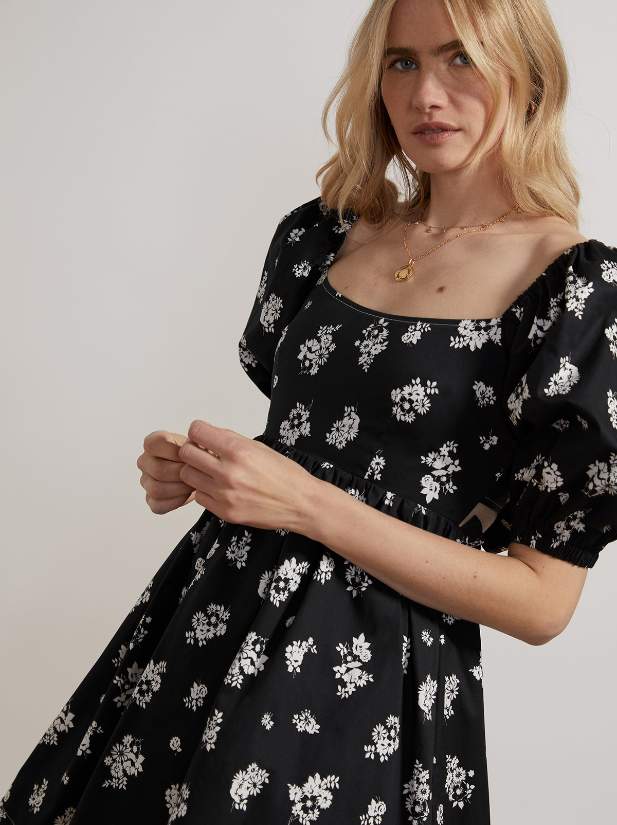 Olga Tie Back Black Mono Floral Mini Dress By KITRI Studio