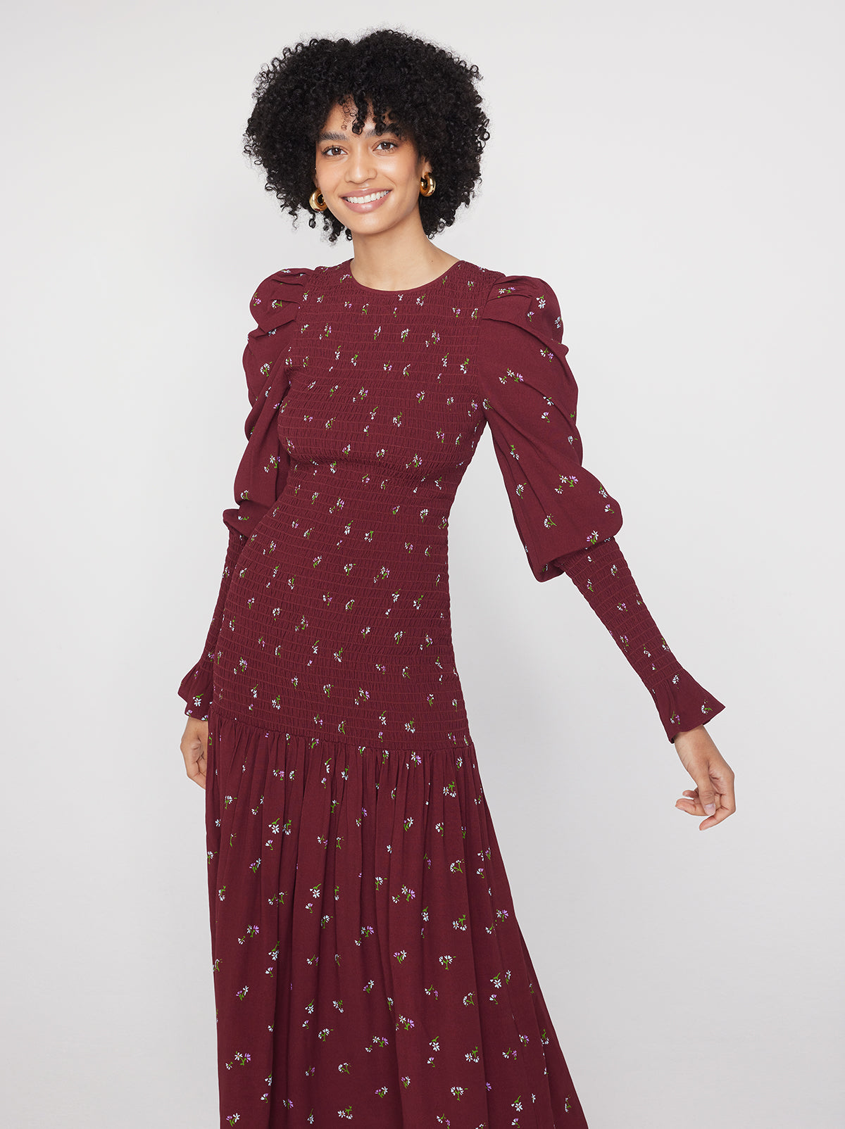 Wren Berry Ditsy Floral Shirred Midi Dress By KITRI Studio