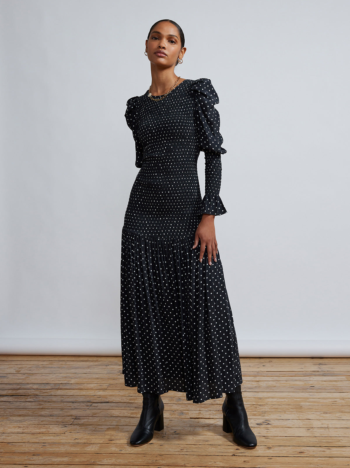 Wren Black Polka Dot Shirred Midi Dress By KITRI Studio
