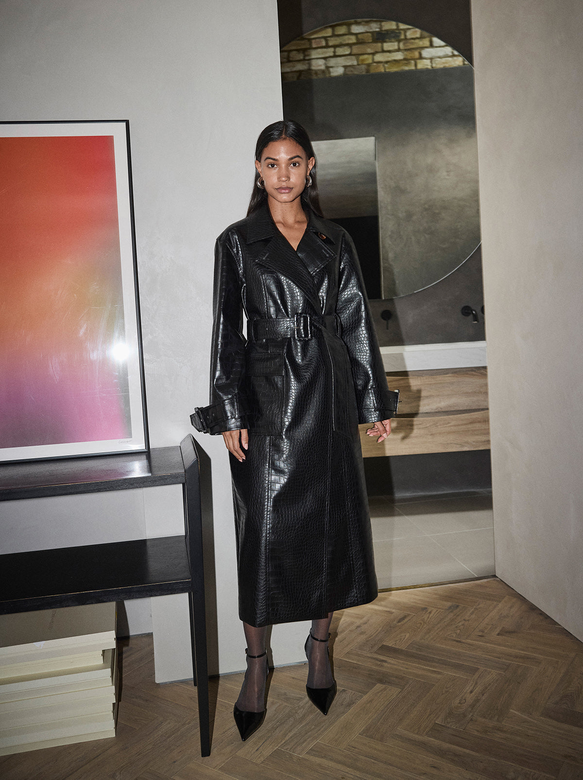 Valeria Black Faux Croc Oversized Trench Coat