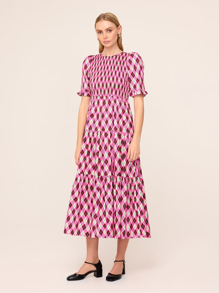 Gracie Pink Argyle Print Shirred Dress