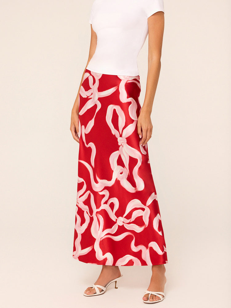 Layla Red Ribbon Print Maxi Skirt - Layla is a floor-sweeping, high-waisted skirt cut on the bias for flattering fit. Her ballet-inspired ribbon print in KITRI favourite red and pink will live on in your wardrobe season after season.