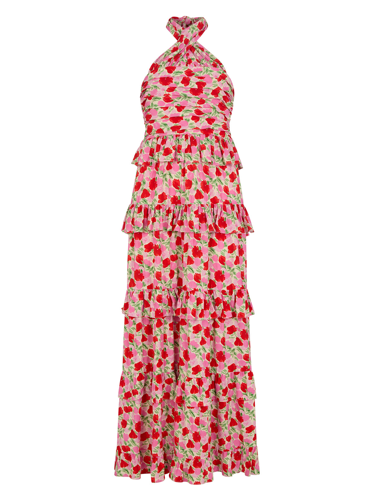 Romily Pink Floral Print Maxi Dress by Kitri Studio. The Romily Dress is here to make a statement.  Designed for effortless elegance, this maxi gown features a flattering crossover neckline and a softly pleated bodice, creating a dreamy, feminine silhouette. Halter neckline. Concealed side-zip. Lined Bodice. 59%% Lenzing™ Ecovero™  Viscose 41%% Viscose.