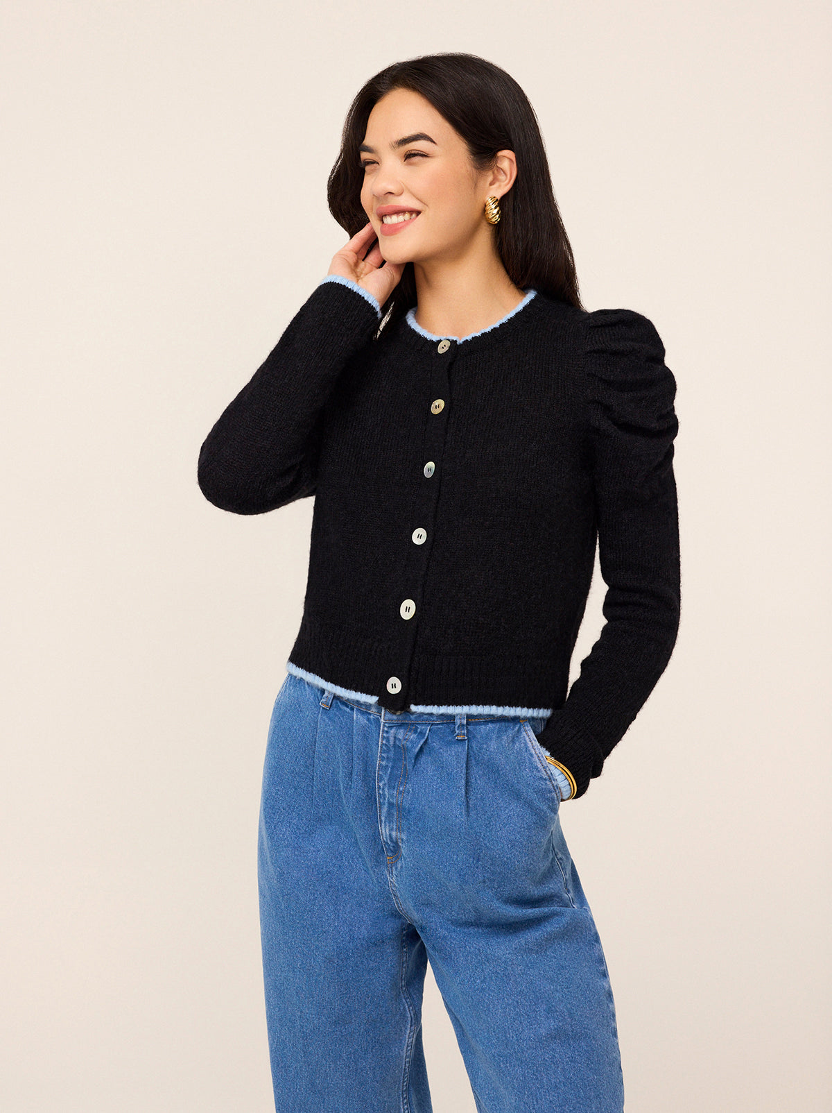 Matilda Black Knit Cardigan - Matilda is a chic black alpaca blend knitted cardigan with contrast pale blue trims and gathered shoulders. Throw over your favourite dress for a cosy layer, or pair with your favourite denim for an easy throw-on-and-go outfit.