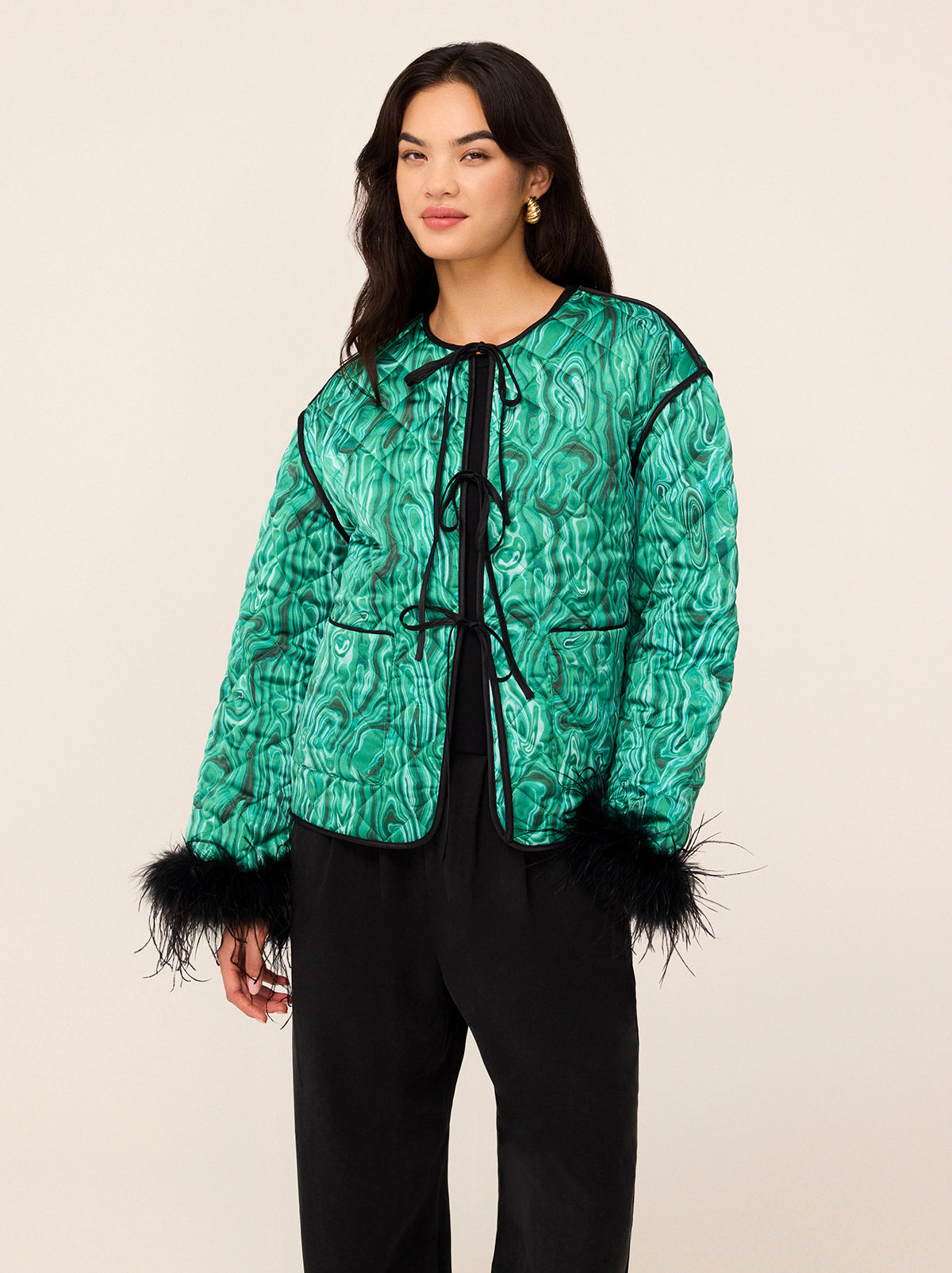 Theodora Green Malachite Print Quilted Jacket - Theodora features our best-selling Green Malachite print this season. She's a round neck, long sleeve jacket who's gently quilted for lightweight layering. She has patch pockets, functional ties and contrast black piping along the hem. We've added some feathered cuffs too.