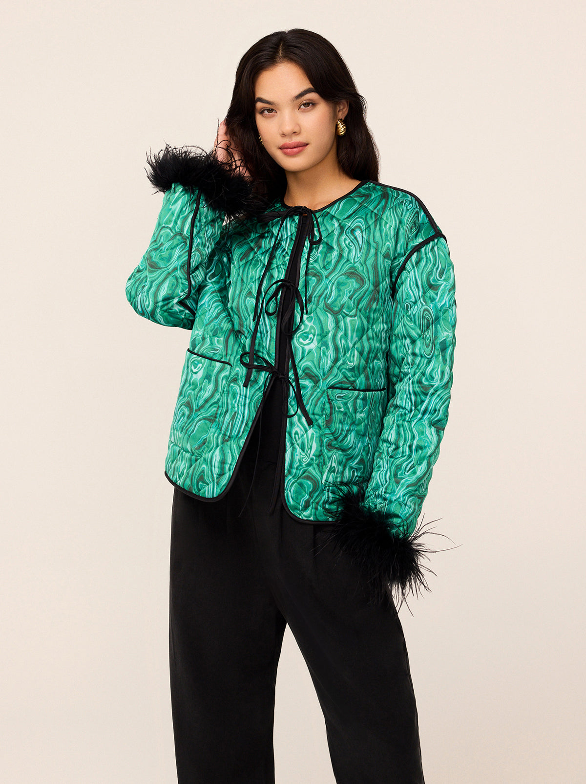 Theodora Green Malachite Print Quilted Jacket - Theodora features our best-selling Green Malachite print this season. She's a round neck, long sleeve jacket who's gently quilted for lightweight layering. She has patch pockets, functional ties and contrast black piping along the hem. We've added some feathered cuffs too.