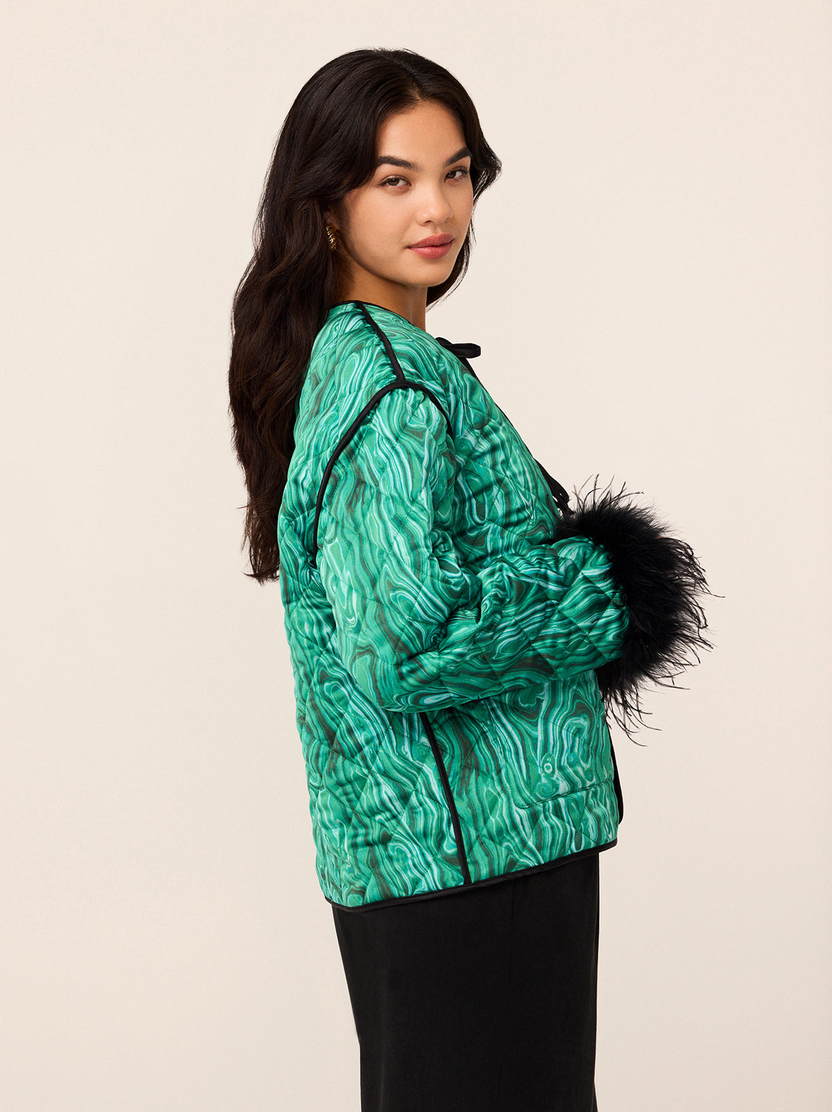 Theodora Green Malachite Print Quilted Jacket - Theodora features our best-selling Green Malachite print this season. She's a round neck, long sleeve jacket who's gently quilted for lightweight layering. She has patch pockets, functional ties and contrast black piping along the hem. We've added some feathered cuffs too.