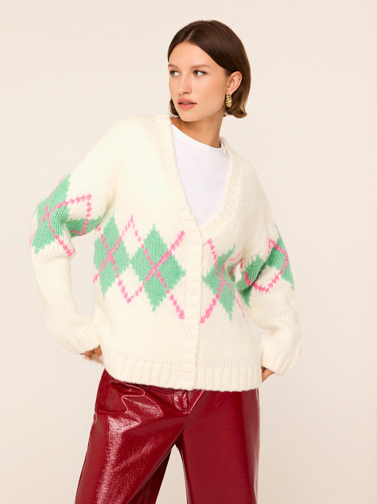 Felicia Ivory Argyle V-Neck Knit Cardigan