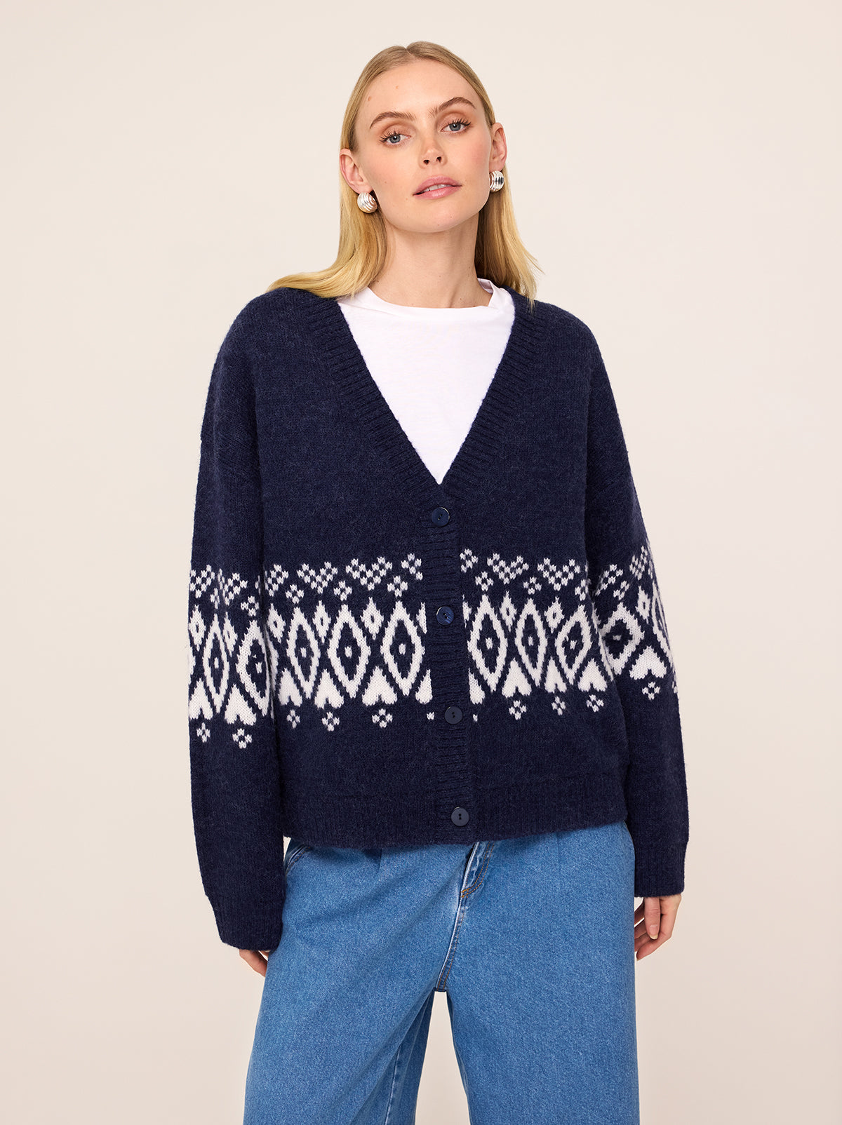 Felicia Navy Fairisle V-Neck Cardigan | KITRI Studios