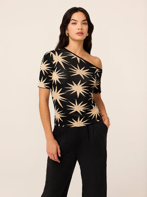 Cate Black Star Lurex Knit Top - Cate's asymmetric, off-shoulder neckline adds interest and her fitted waist balances the silhouette. Our lightweight lurex blend packs plenty of sparkle without the weight.