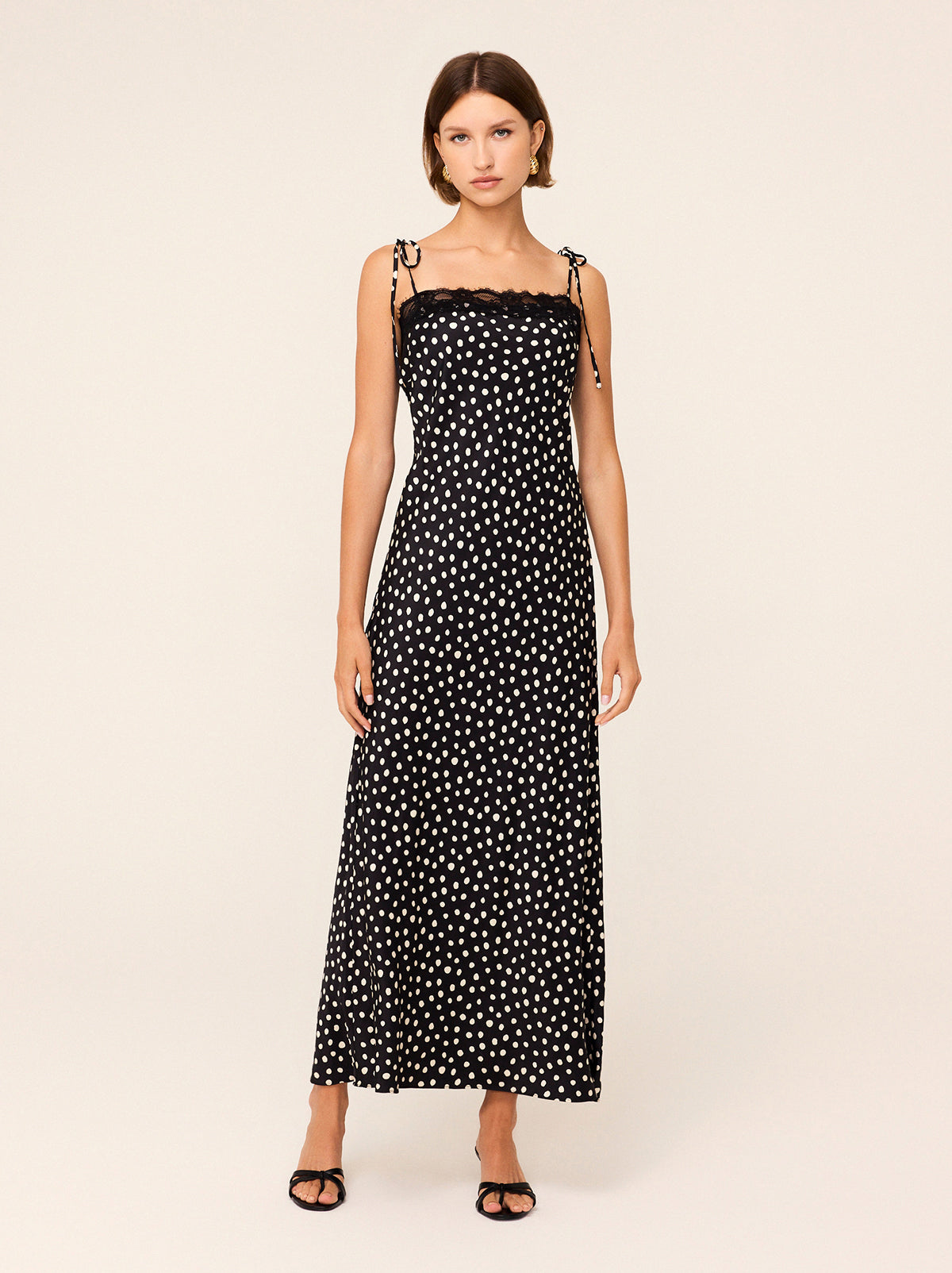 Venetia Black Polka Dot Print Lace Trim Maxi Dress