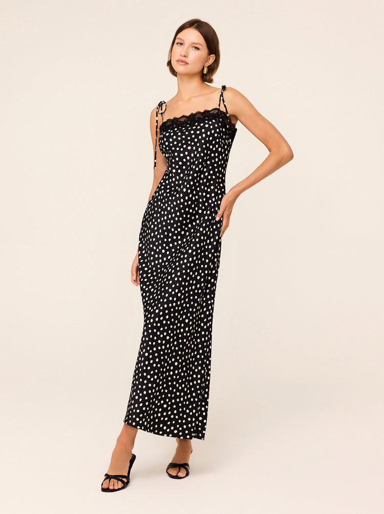 Venetia Black Polka Dot Print Lace Trim Maxi Dress