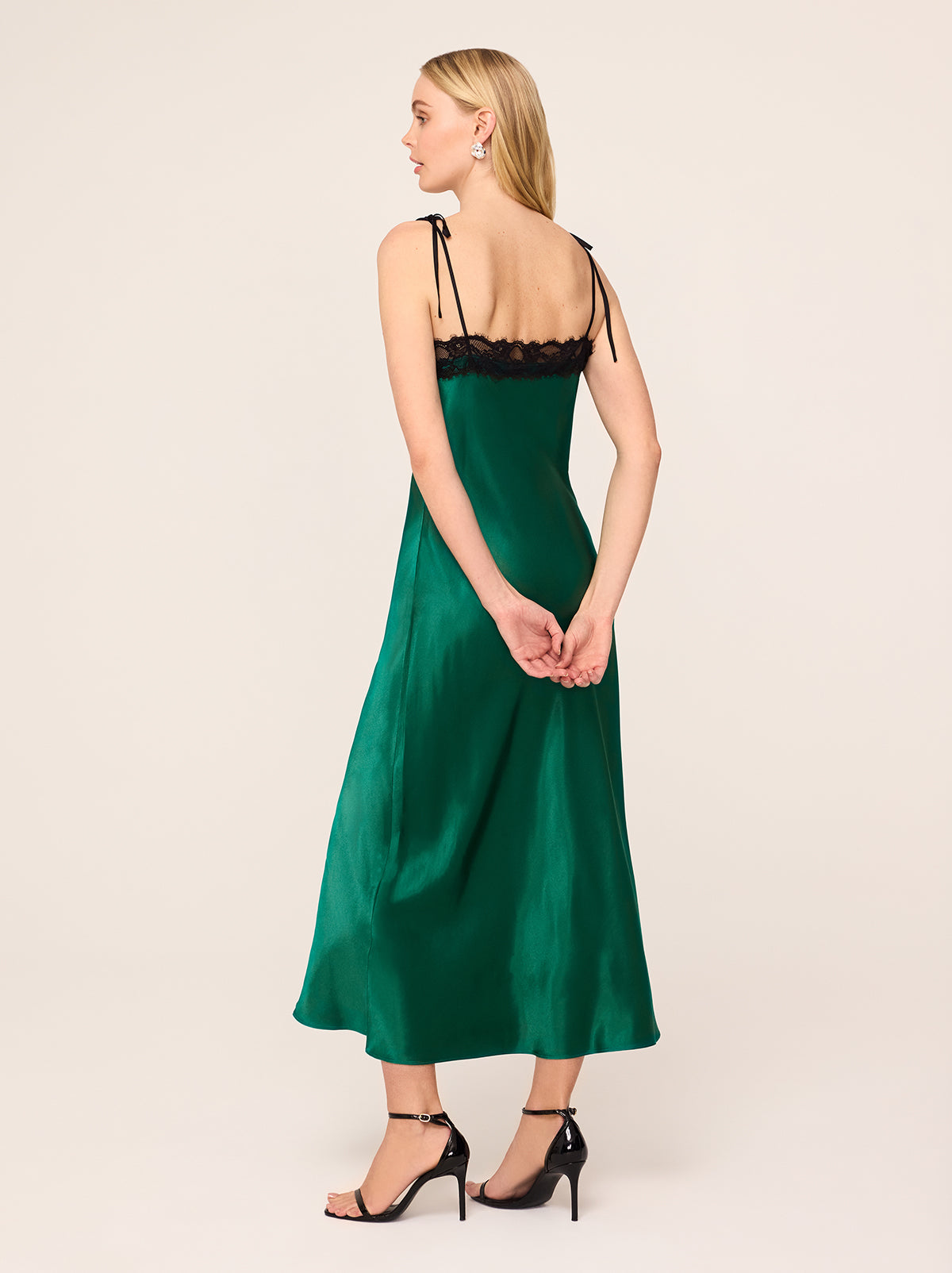 Venetia Green Satin Lace Trim Maxi Dress