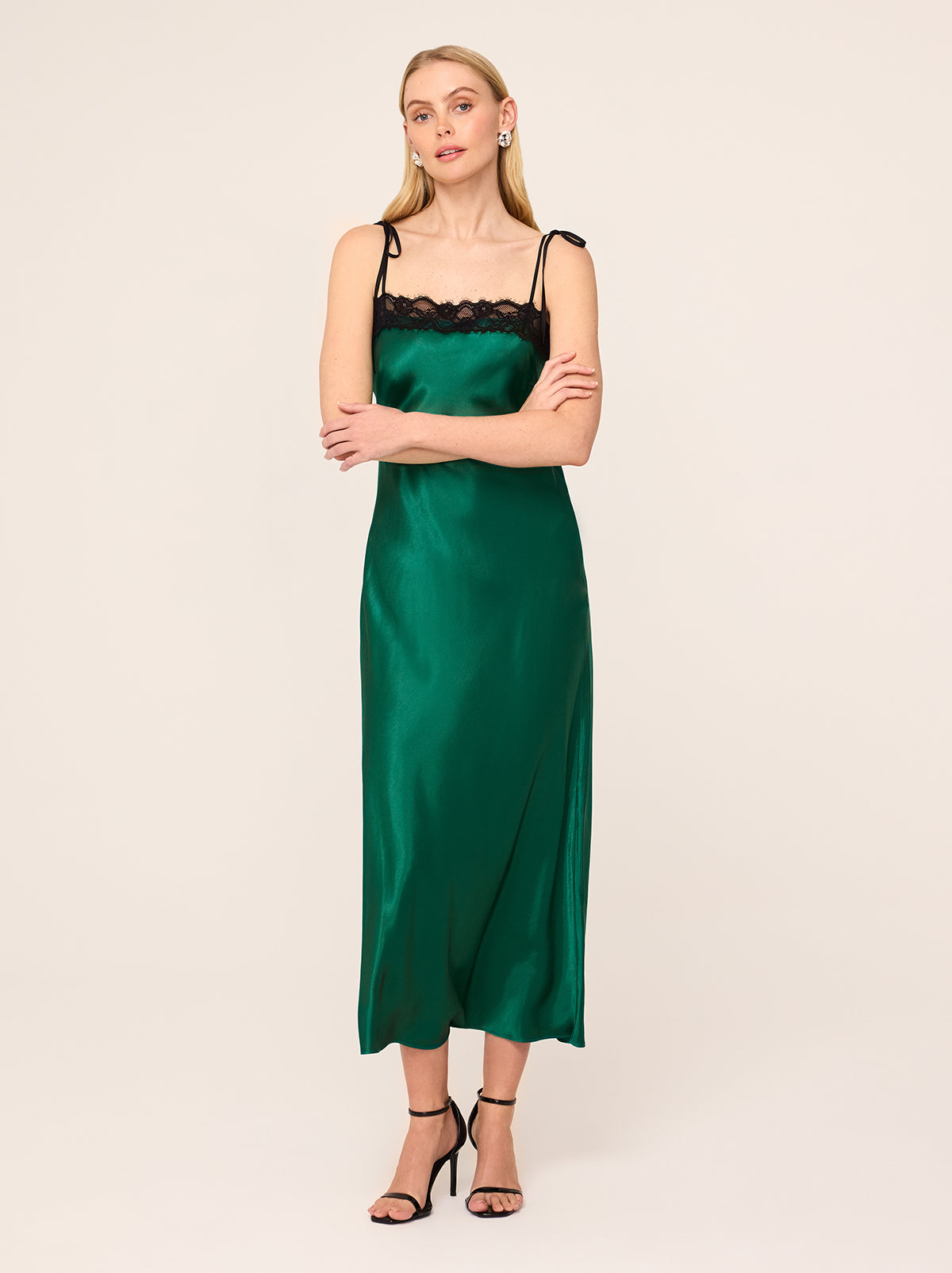 Venetia Green Satin Lace Trim Maxi Dress