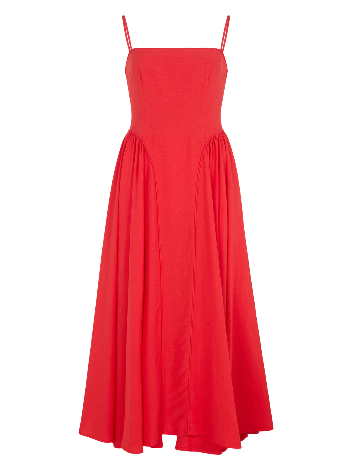 Alberta Red Linen Blend Dress by Kitri Studio. Alberta is an effortlessly elegant maxi dress designed to turn heads.  Crafted from a breathable Tencel blend with a touch of hemp for a soft, fluid drape, this dress blends structure with movement. Straight neckline. Spaghetti straps. Centre-back zip closure. Shell:Lenzing TM 70%% Tencel 30%% Linen Lining: 100%% Recycled Polyester.