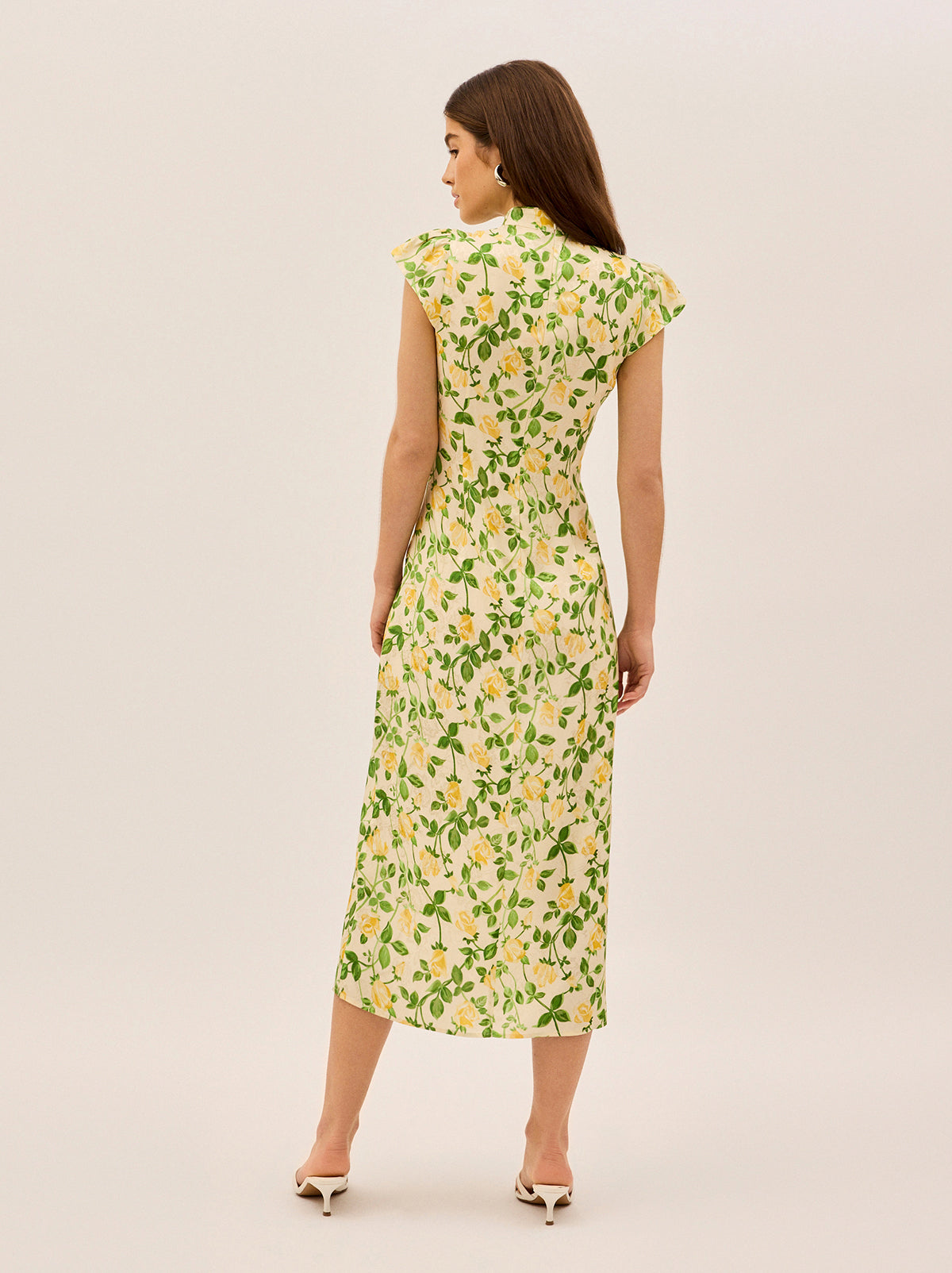 Elena Yellow Rose Printed Jacquard Dress