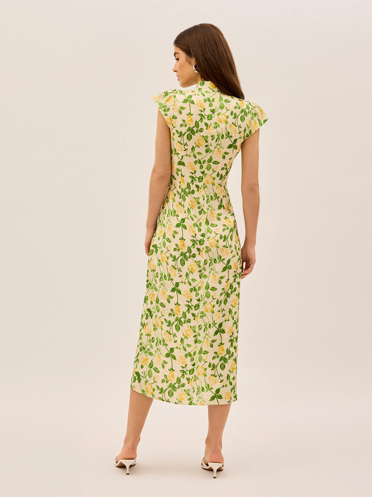 Elena Yellow Rose Printed Jacquard Dress