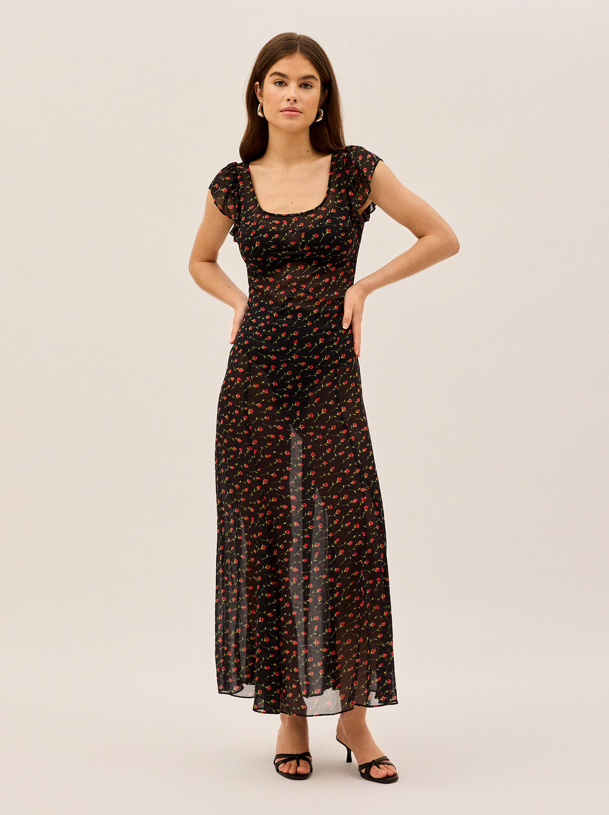 Kaia Black Rose Print Maxi Dress