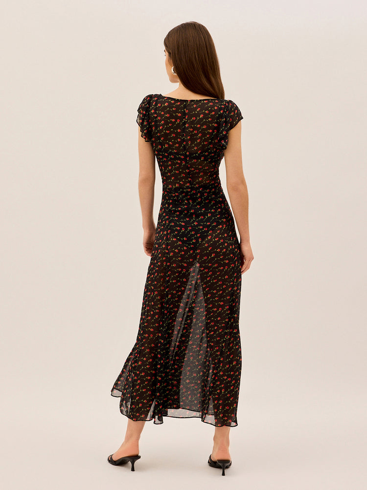 Kaia Black Rose Print Maxi Dress