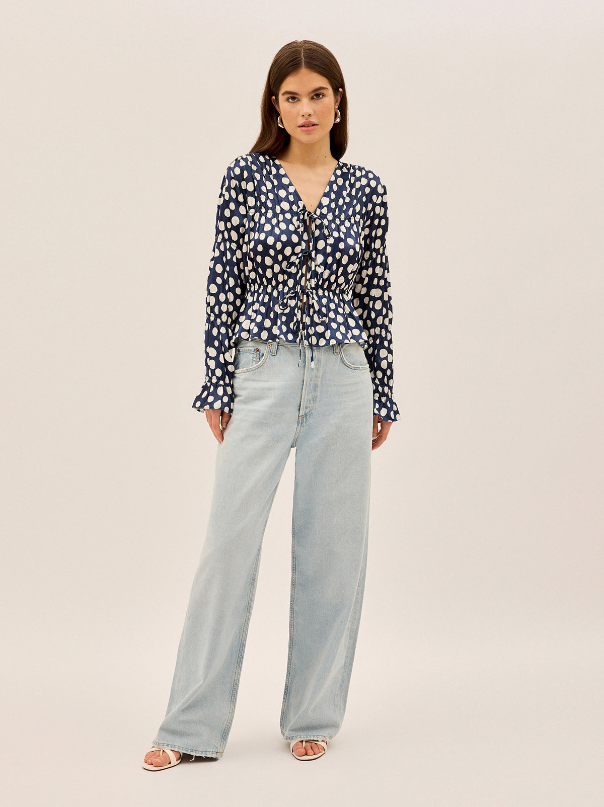 Maia Navy Polka Dot Satin Top