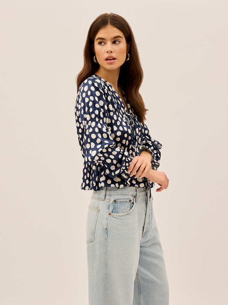 Maia Navy Polka Dot Satin Top