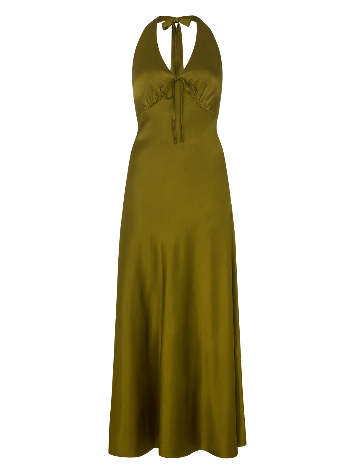 Amalia Olive Satin Halterneck Dress by Kitri Studio. Timeless, feminine and cut to flatter, Amalia is the dress everyone will ask about.  Designed in flattering olive satin fabrication, this halterneck maxi features a deep V neckline with delicate tie detail and a softly flared silhouette. Halter neckline. Back-zip. A-line skirt. 97% Viscose, 3% Elastane Satin .