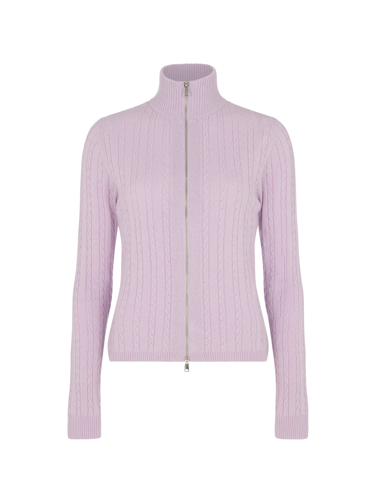 Ameline Lavender Cable Fine Knit Top by Kitri Studio. Ameline Lavender Cable Fine Knit Top is crafted in a soft wool and cashmere blend that feels lightweight yet warm.  Designed with a feminine square-shouldered silhouette, it features a fine cable texture throughout and a sleek double-ended silver zip that allows for versatile styling. High neckline. Long sleeves. Ribbed cuffs. 48% Nylon, 27% Viscose, 20% Wool, 5% Cashmere.