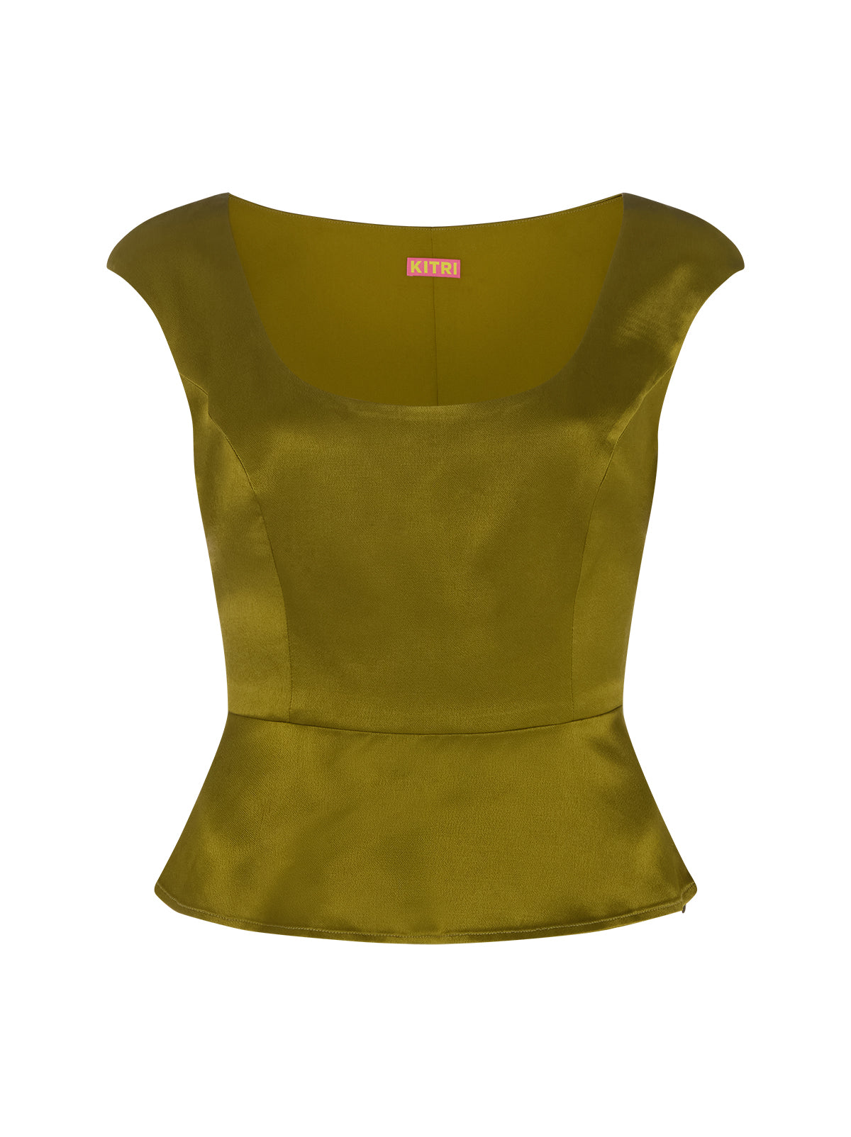 Amina Olive Satin Top by Kitri Studio. Amina Olive Satin Top is cut in a flattering peplum silhouette that gently skims the body while adding a touch of femininity.  Crafted from lustrous olive green satin, it’s finished with a wide scoop neckline that feels both modern and timeless. Scoop neck. Concealed side-zip. . 97% Viscose, 3% Elastane Satin .