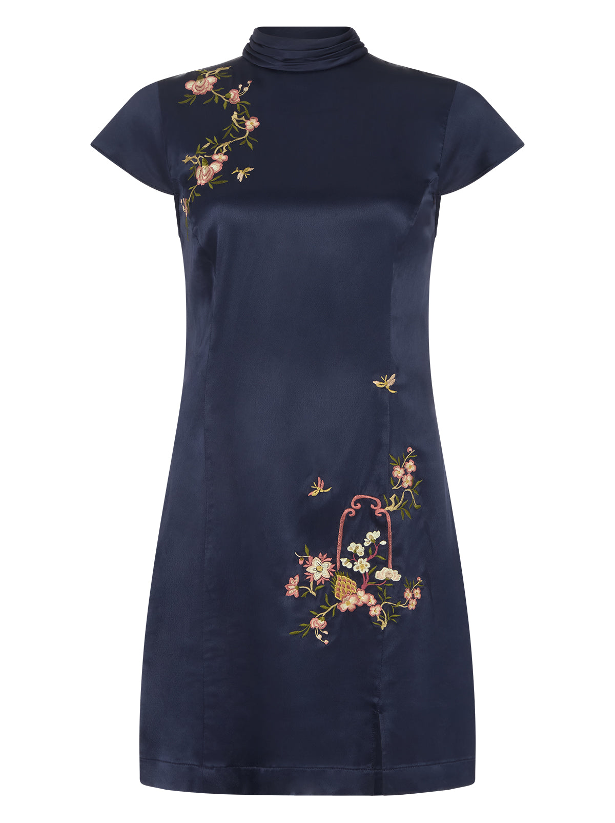 Amira Navy Satin Embroidered Mini Dress by Kitri Studio. A modern take on an iconic silhouette, Amira Navy Satin Mini Dress blends elegance with playful detail.  Crafted from stretch viscose satin, the fabric drapes in a sleek, body-skimming fit that feels both flattering and effortless. Stand up collar. Cap sleeves. Centre-back keyhole. 97% Viscose, 3% Elastane Satin .