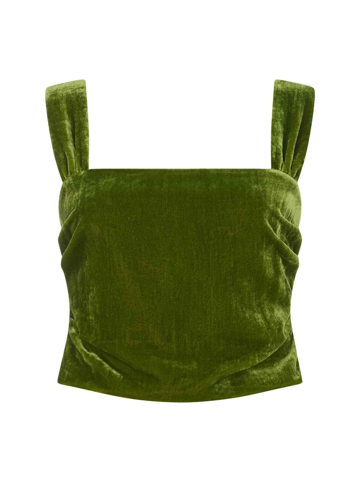 Beata Olive Velvet Top by Kitri Studio. Rich olive green velvet takes center stage in the Beata Top, offering a refined way to bring texture and depth into your wardrobe.  Cut from soft viscose velvet, the design features wide straps, a structured square neckline, and gentle folds across the bodice that skim the figure. Wide straps. Concealed side-zip. Shirring. 80% Viscose, 20% Nylon.