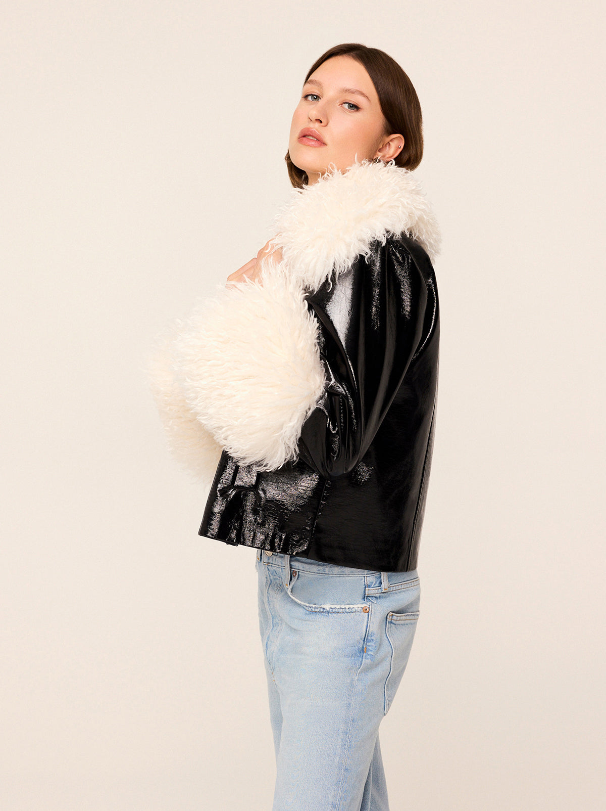 Bonnie Black Vinyl Jacket - Bonnie has a boxy fit and hits the top of your jeans just right. Her detachable shearling collar and cuffs add even more retro appeal. 