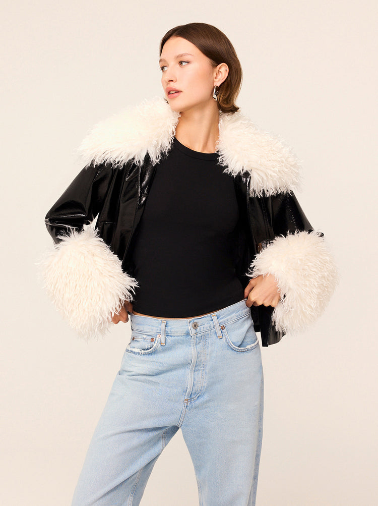 Bonnie Black Vinyl Jacket - Bonnie has a boxy fit and hits the top of your jeans just right. Her detachable shearling collar and cuffs add even more retro appeal. 