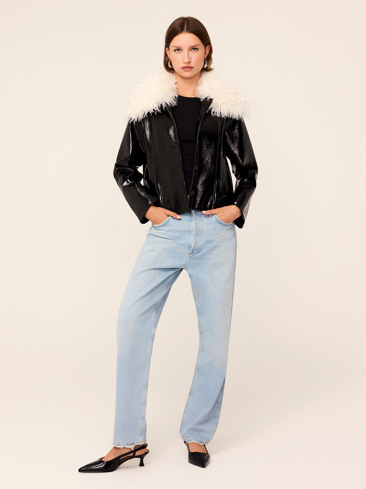 Bonnie Black Vinyl Jacket - Bonnie has a boxy fit and hits the top of your jeans just right. Her detachable shearling collar and cuffs add even more retro appeal. 